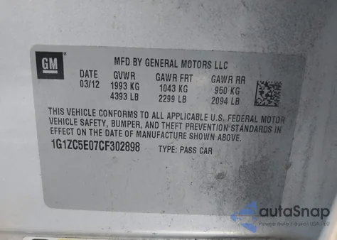 2012 Chevrolet Malibu 1Lt из США, поврежденный, VIN 1G1ZC5E07CF302898